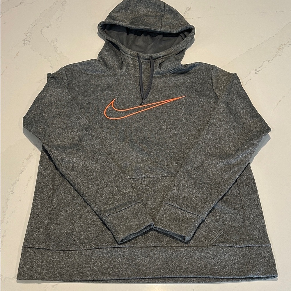 Nike Gray Hoodie with Vibrant Orange Logo On Front and Back Size Medium